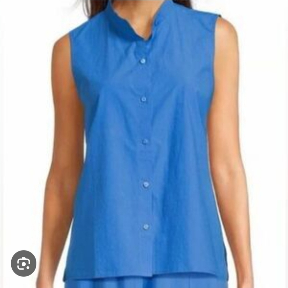 Eileen Fisher Washed Organic Calypso Cotton Poplin Blue Mandarin Collar Shirt